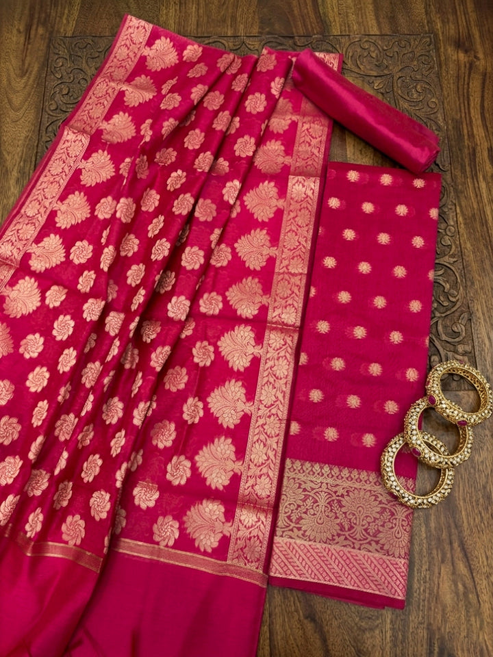 Red Printed Chanderi Unstitched Dress Material