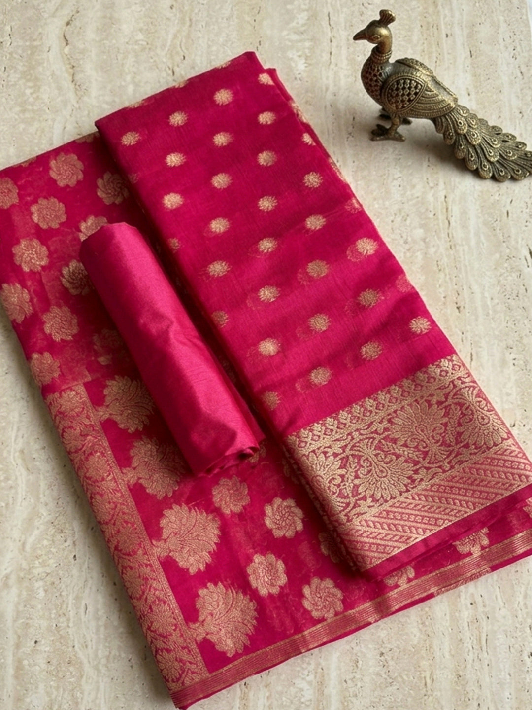 Red Printed Chanderi Unstitched Dress Material