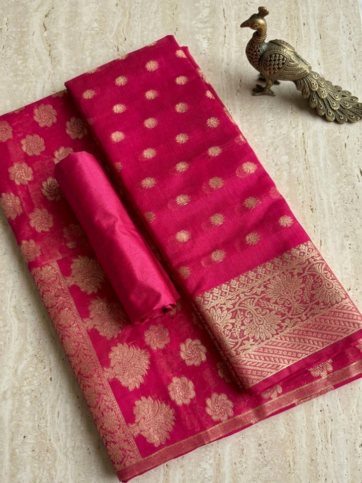 Red Printed Chanderi Unstitched Dress Material
