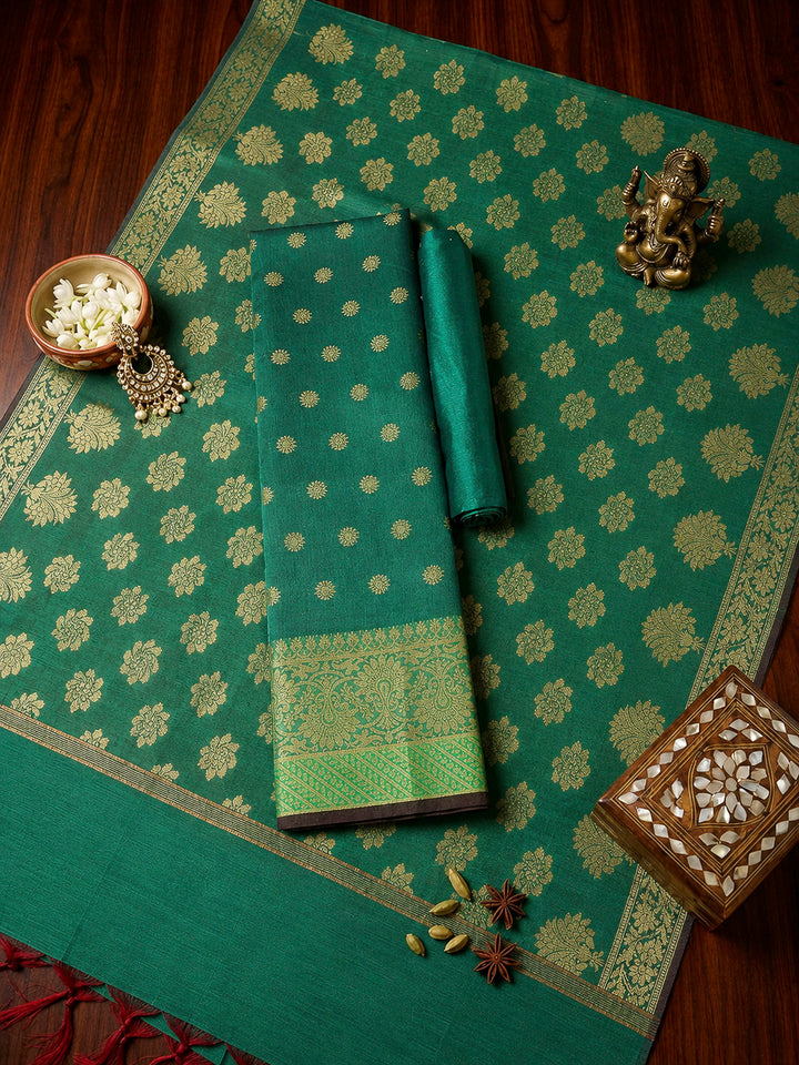 Green Printed Chanderi Unstitched Dress Material