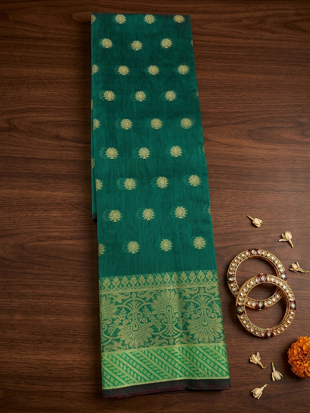 Green Printed Chanderi Unstitched Dress Material