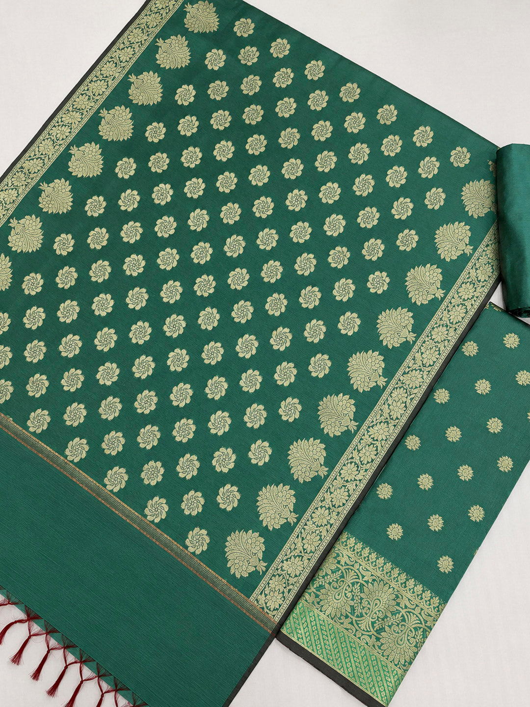 Green Printed Chanderi Unstitched Dress Material