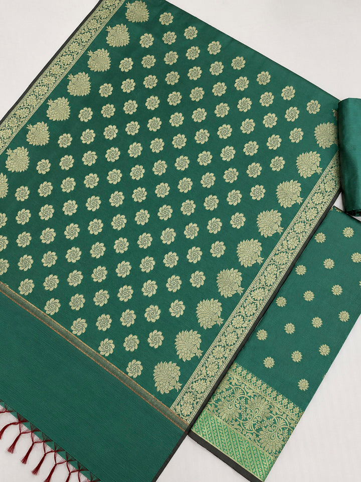 Green Printed Chanderi Unstitched Dress Material