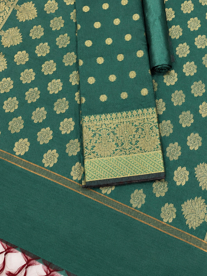 Green Printed Chanderi Unstitched Dress Material