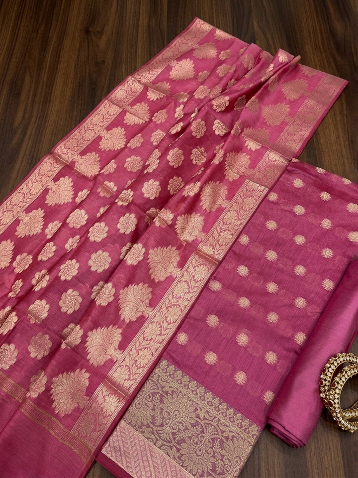 Coral Pink Printed Chanderi Unstitched Dress Material