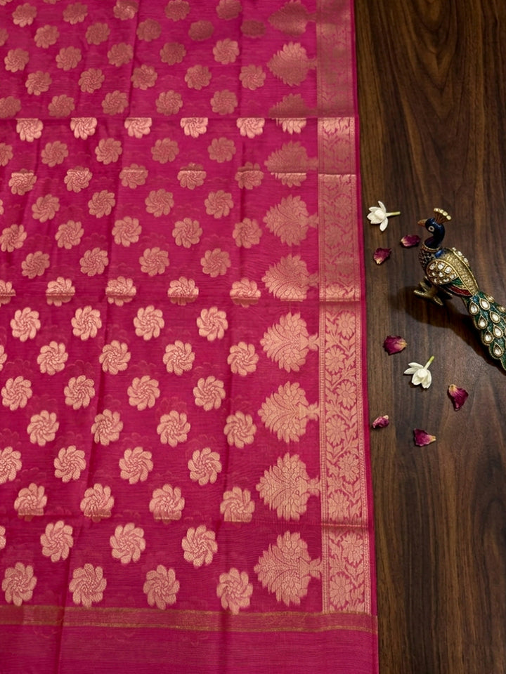 Coral Pink Printed Chanderi Unstitched Dress Material