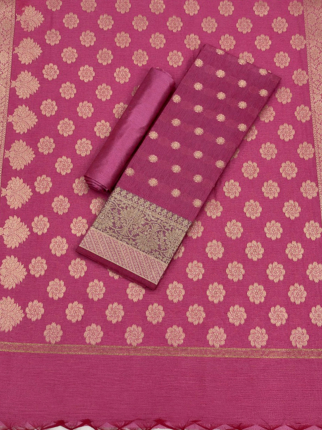 Coral Pink Printed Chanderi Unstitched Dress Material