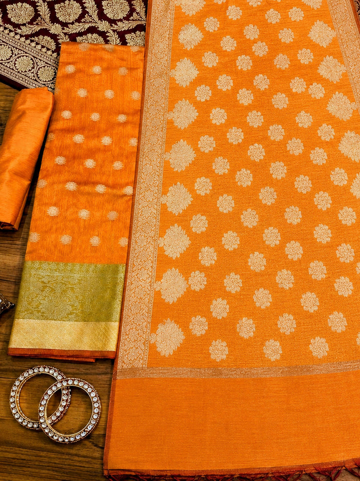Mustard Printed Chanderi Unstitched Dress Material