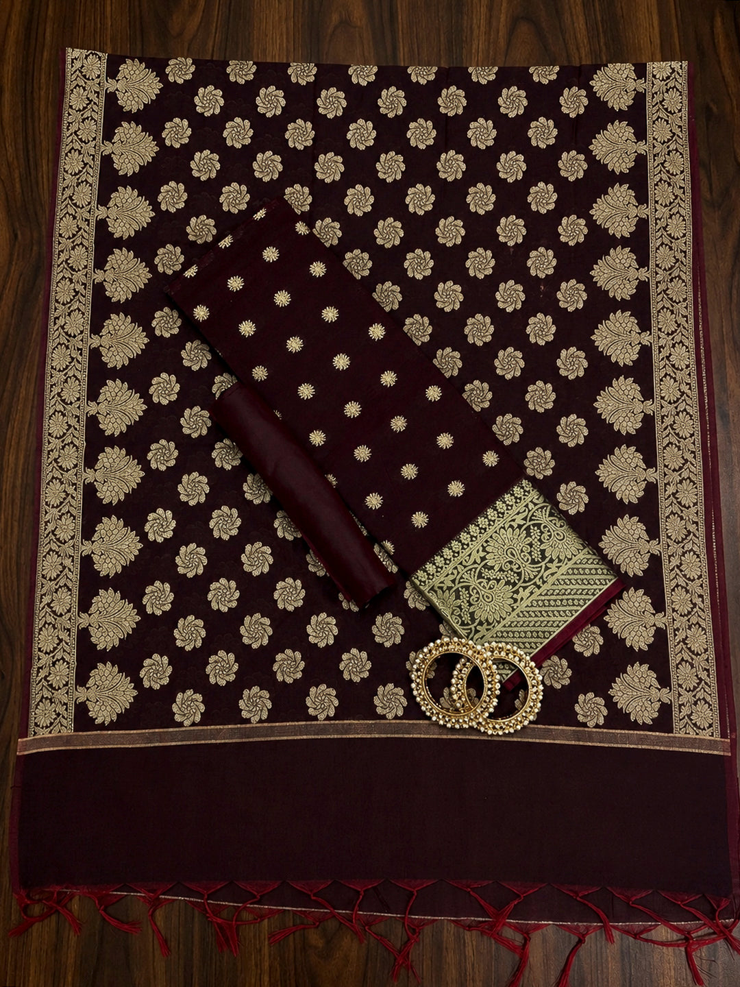 Maroon Printed Chanderi Unstitched Dress Material