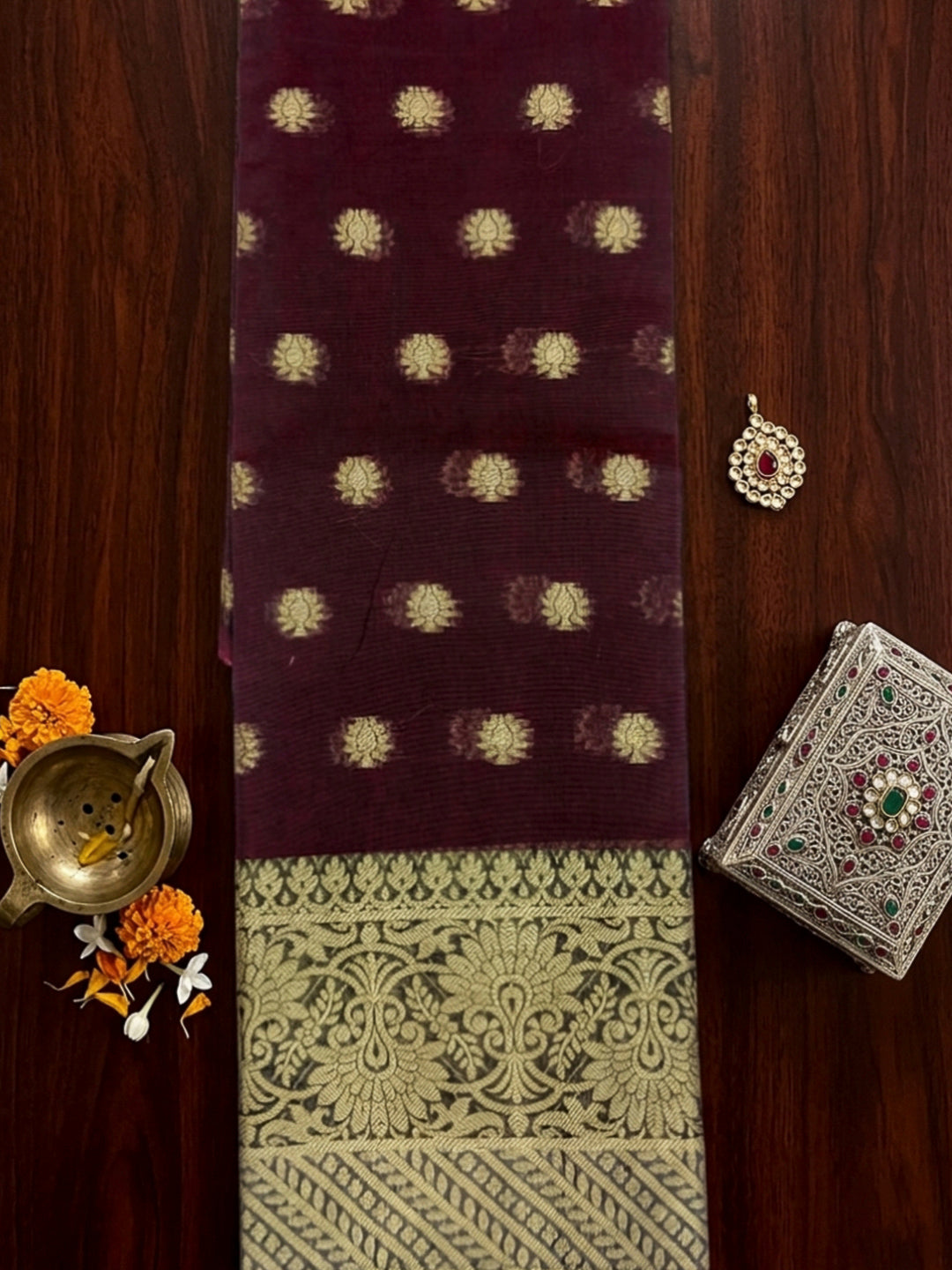 Maroon Printed Chanderi Unstitched Dress Material