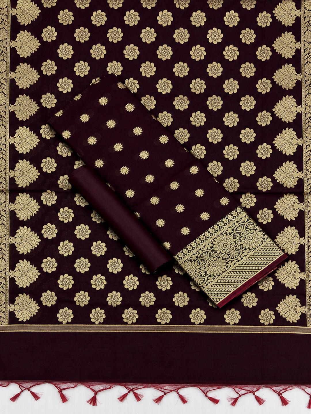 Maroon Printed Chanderi Unstitched Dress Material