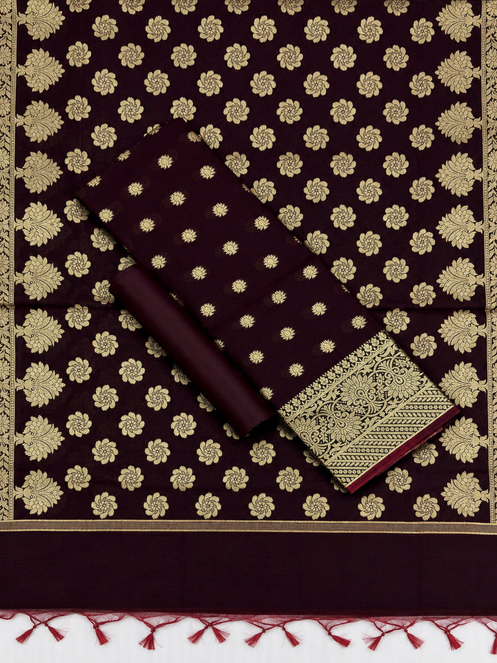 Maroon Printed Chanderi Unstitched Dress Material