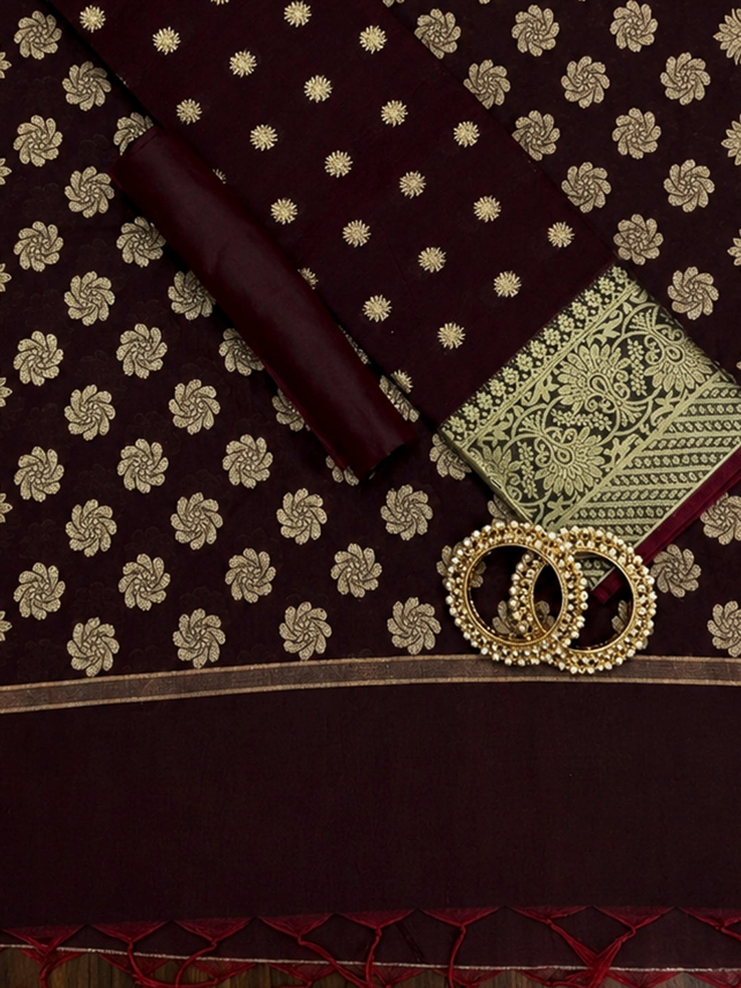 Maroon Printed Chanderi Unstitched Dress Material
