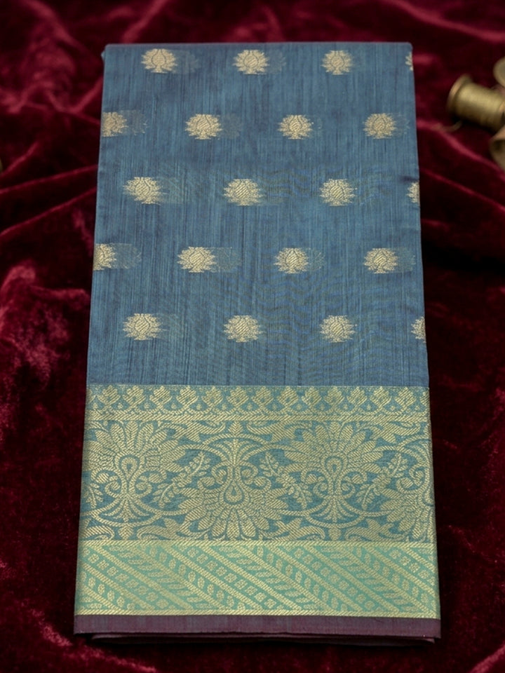 Grey Blue Printed Chanderi Unstitched Dress Material
