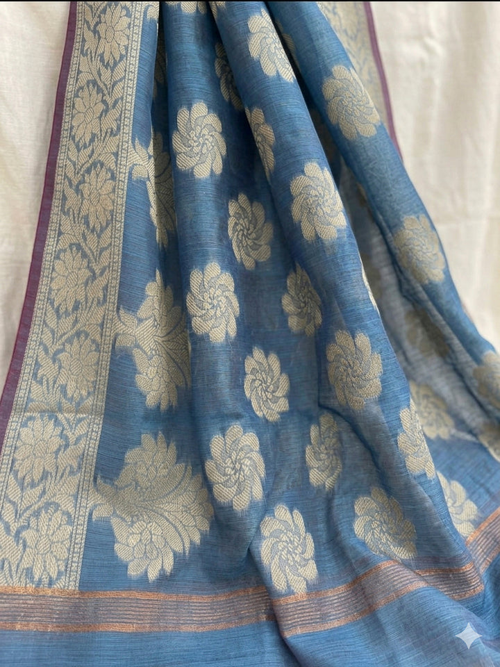 Grey Blue Printed Chanderi Unstitched Dress Material