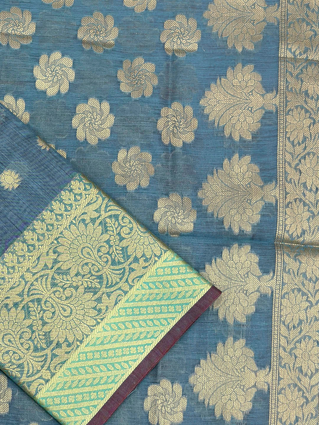 Grey Blue Printed Chanderi Unstitched Dress Material