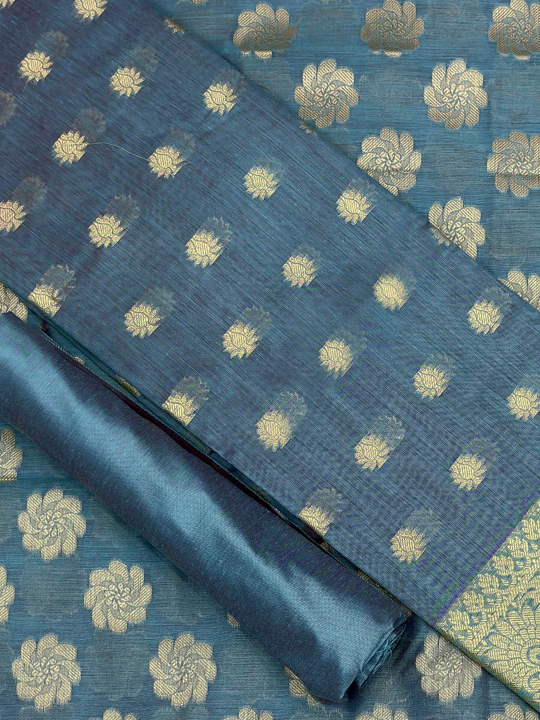 Grey Blue Printed Chanderi Unstitched Dress Material