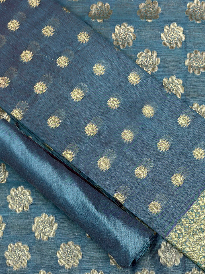 Grey Blue Printed Chanderi Unstitched Dress Material