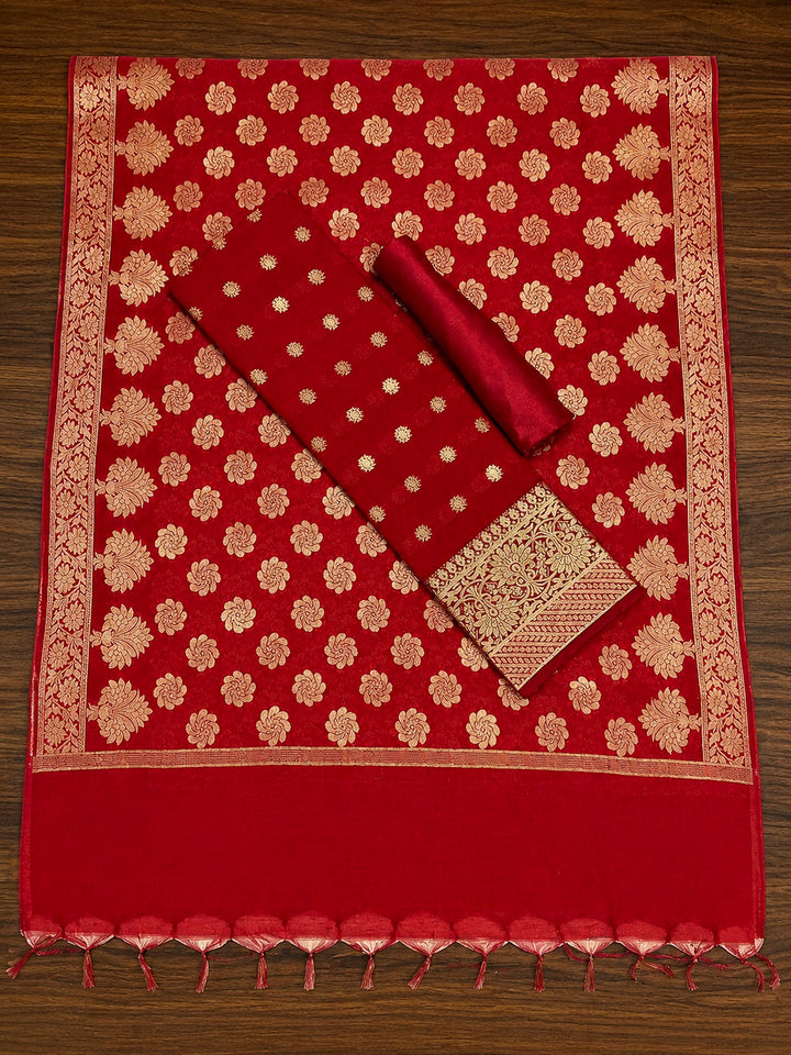 Red Printed Chanderi Unstitched Dress Material