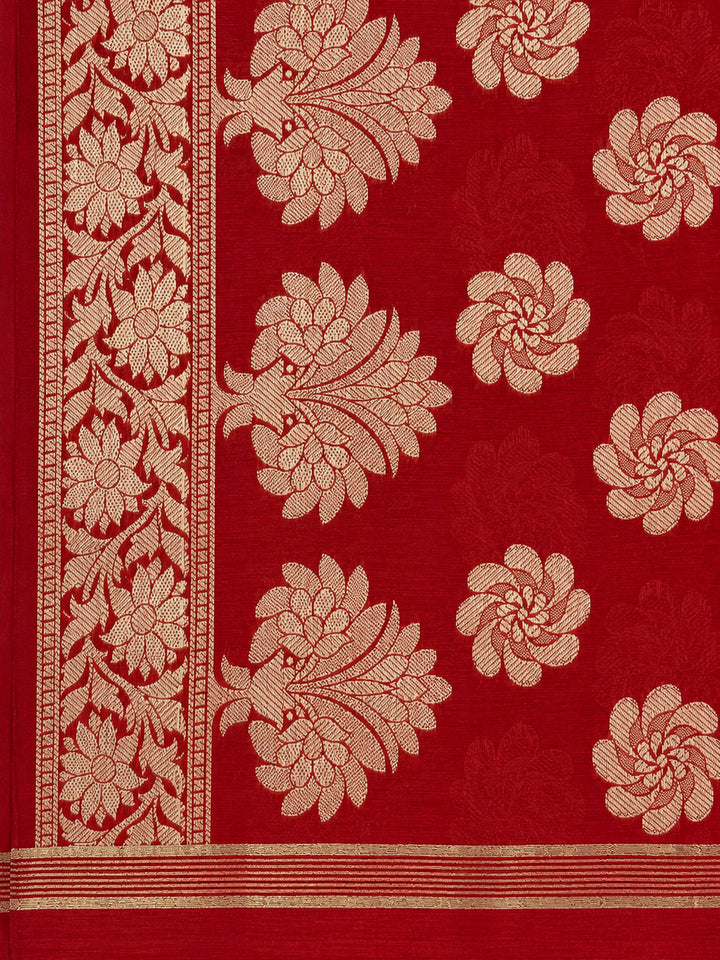Red Printed Chanderi Unstitched Dress Material