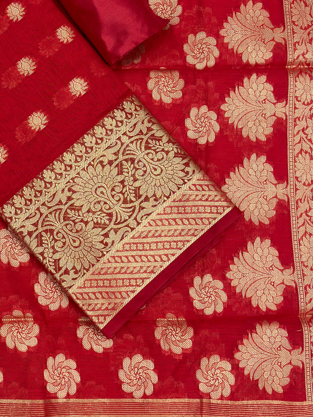 Red Printed Chanderi Unstitched Dress Material