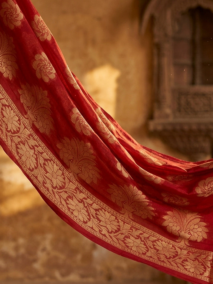 Red Printed Chanderi Unstitched Dress Material