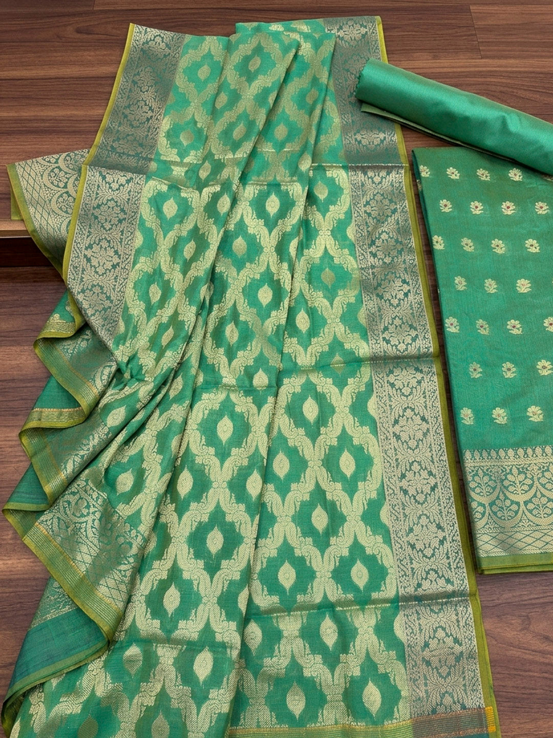 Sea Green Printed Chanderi Unstitched Dress Material