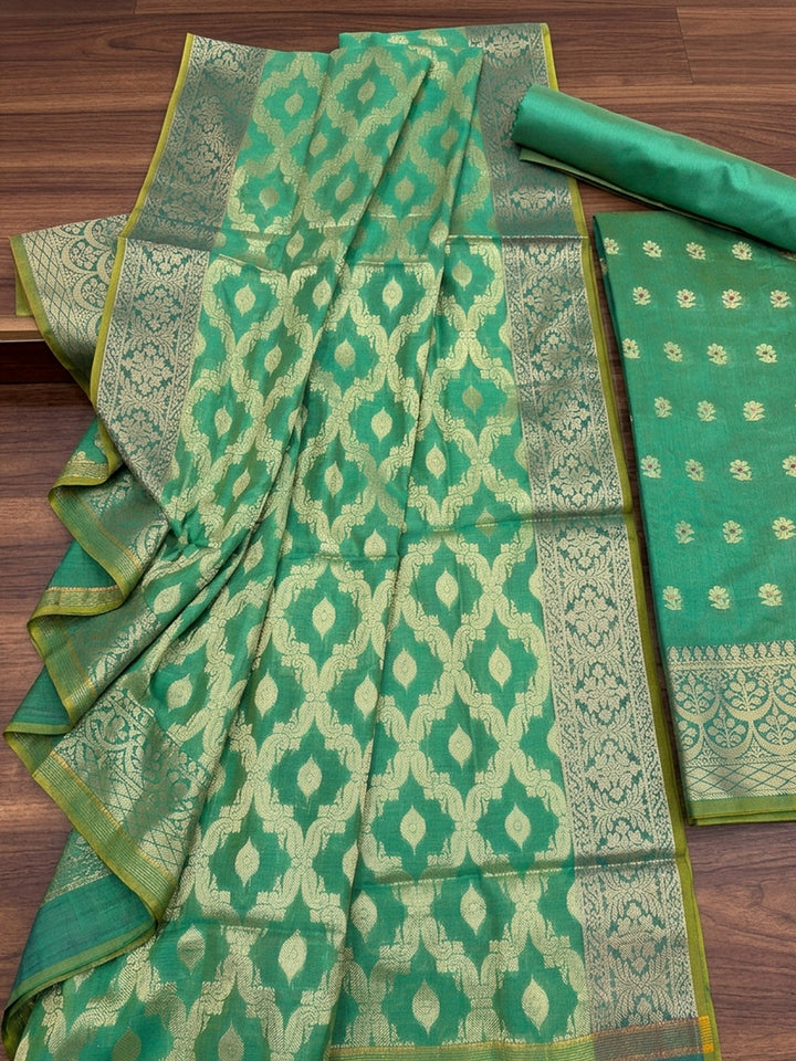 Sea Green Printed Chanderi Unstitched Dress Material