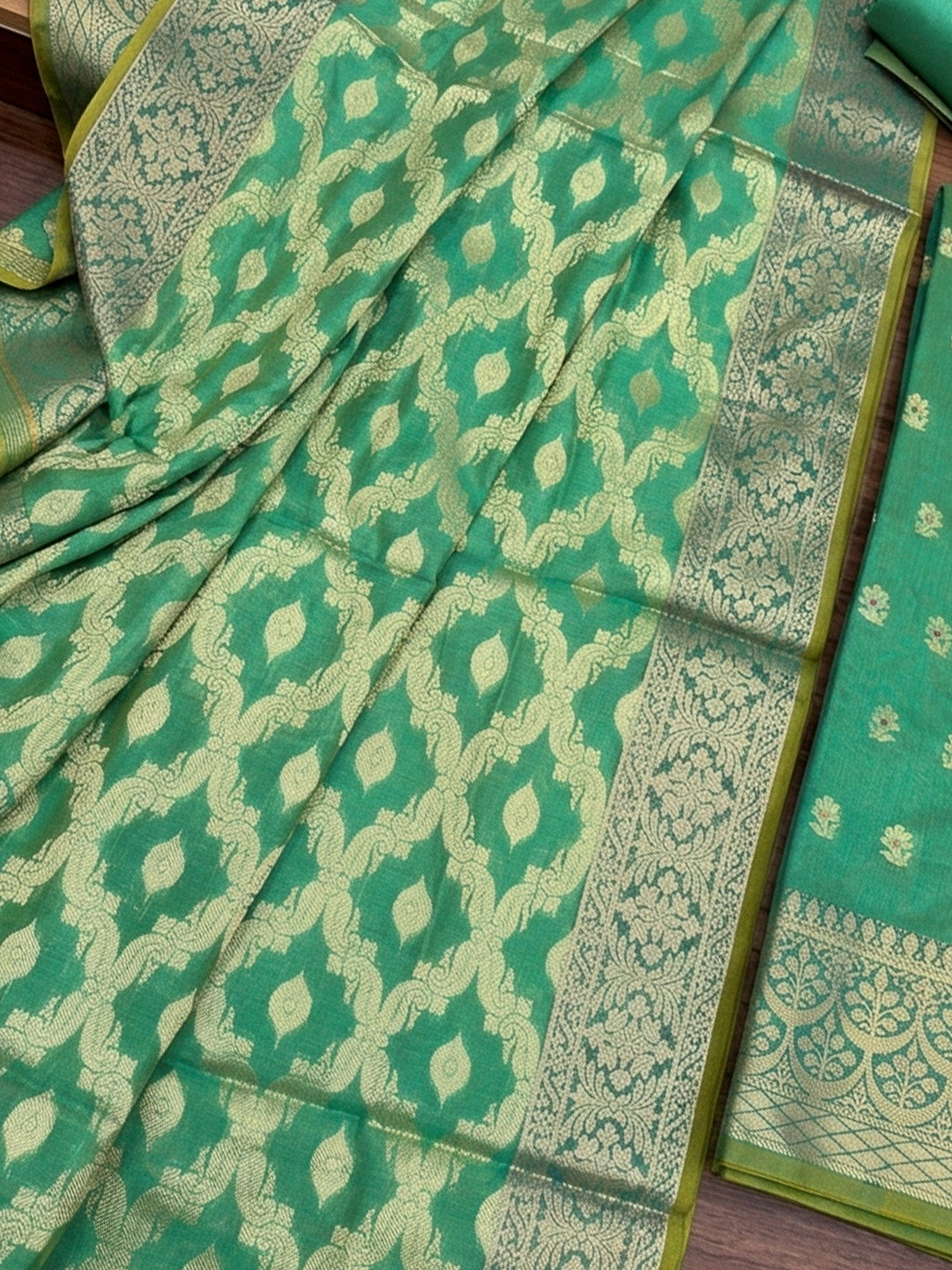 Sea Green Printed Chanderi Unstitched Dress Material