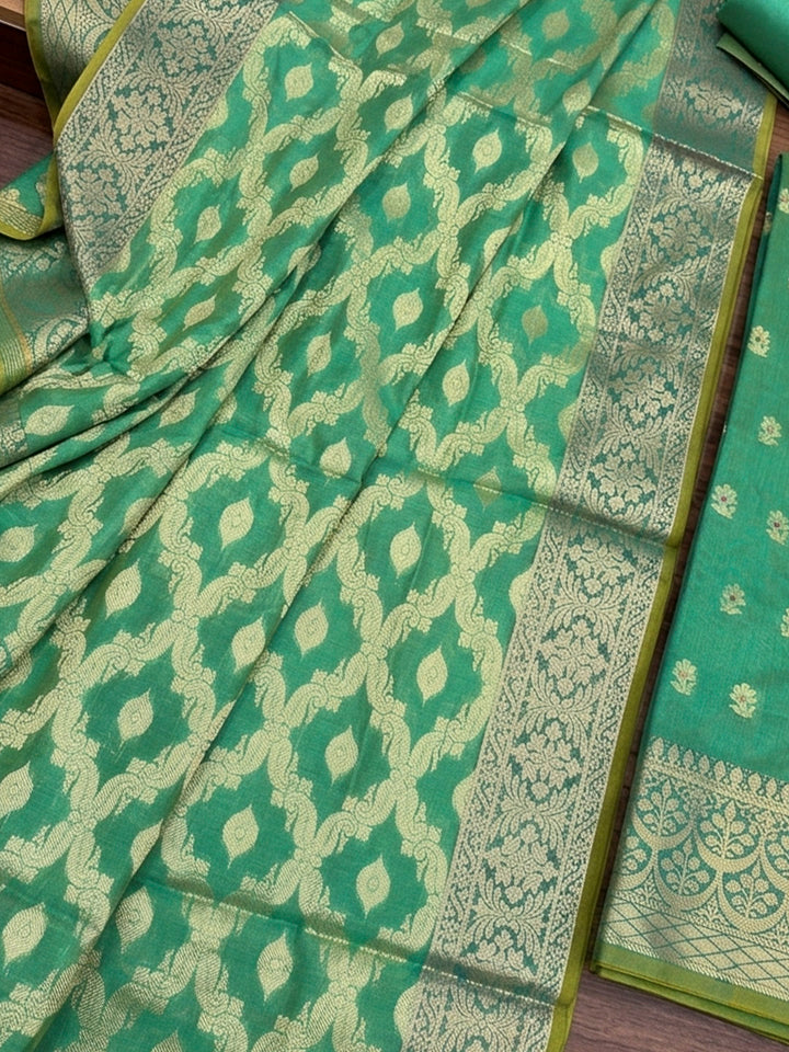 Sea Green Printed Chanderi Unstitched Dress Material