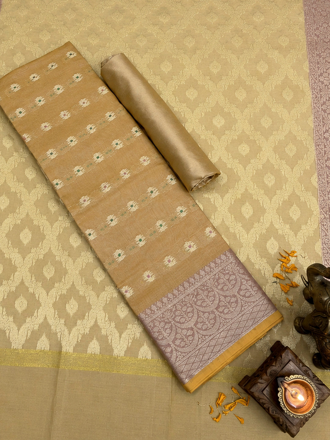 Mustard Printed Chanderi Unstitched Dress Material