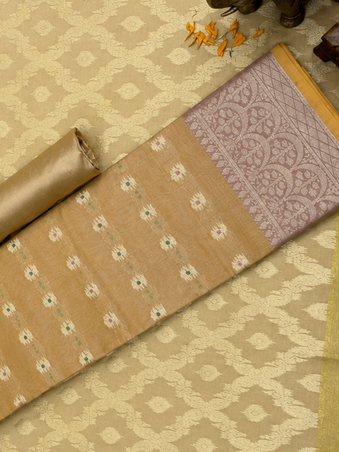 Mustard Printed Chanderi Unstitched Dress Material
