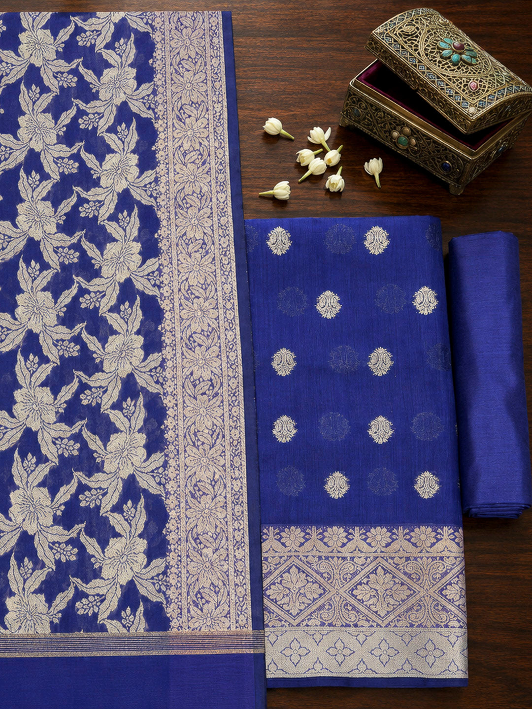 Navy Blue Printed Chanderi Unstitched Dress Material