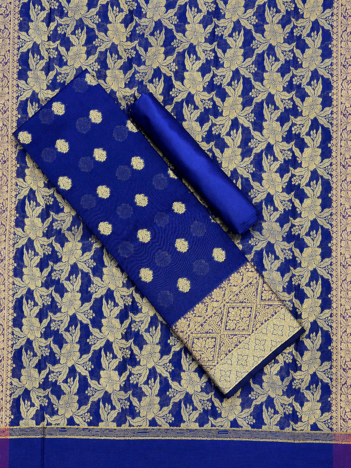 Navy Blue Printed Chanderi Unstitched Dress Material