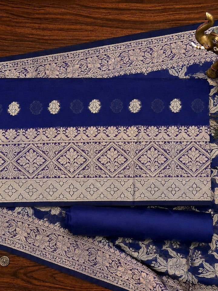 Navy Blue Printed Chanderi Unstitched Dress Material