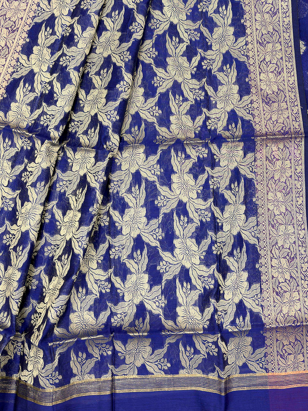 Navy Blue Printed Chanderi Unstitched Dress Material