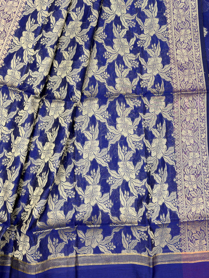Navy Blue Printed Chanderi Unstitched Dress Material