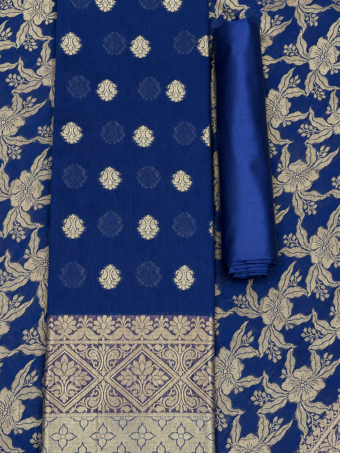 Navy Blue Printed Chanderi Unstitched Dress Material
