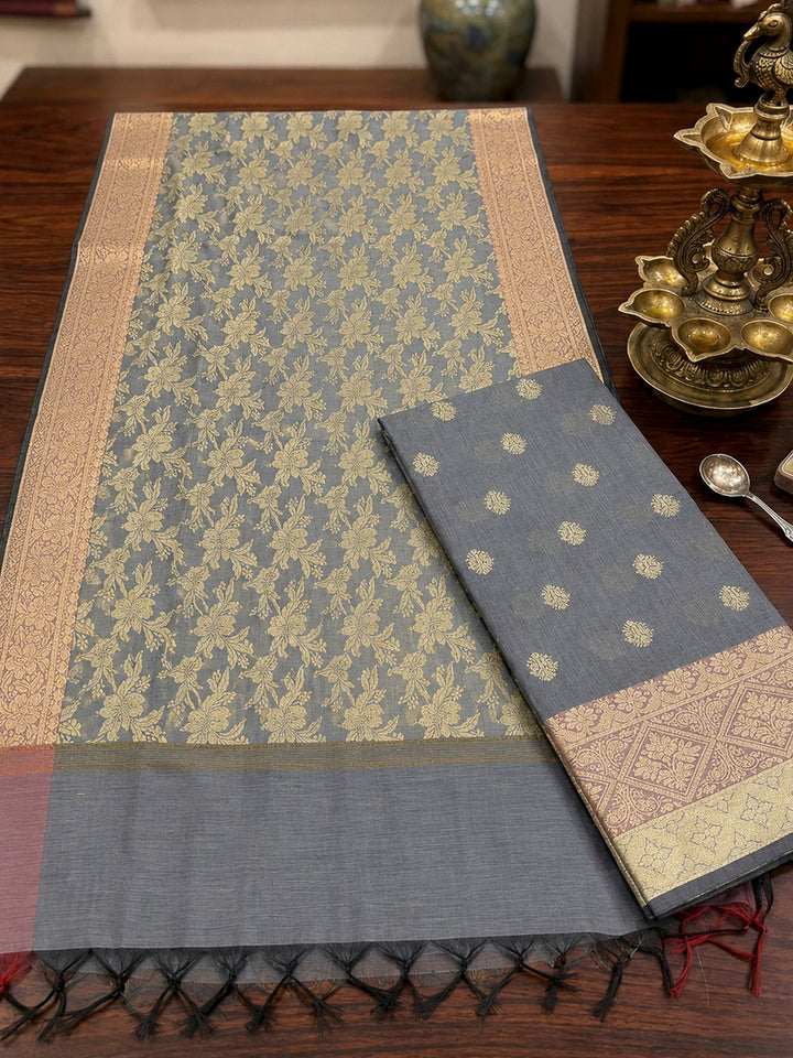 Grey Printed Chanderi Unstitched Dress Material
