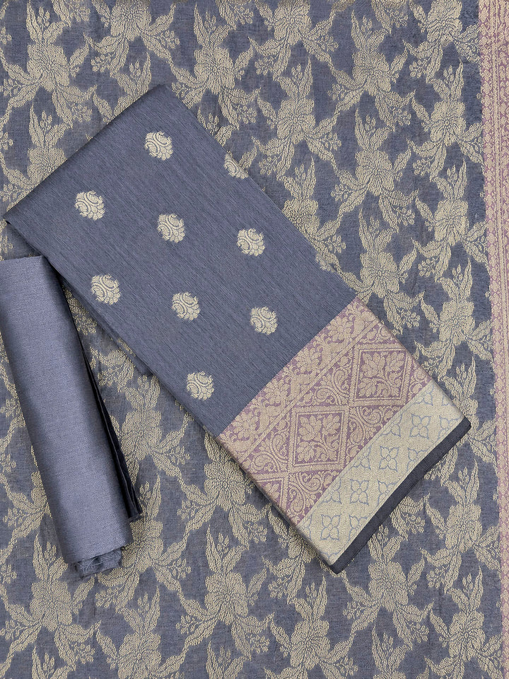 Grey Printed Chanderi Unstitched Dress Material