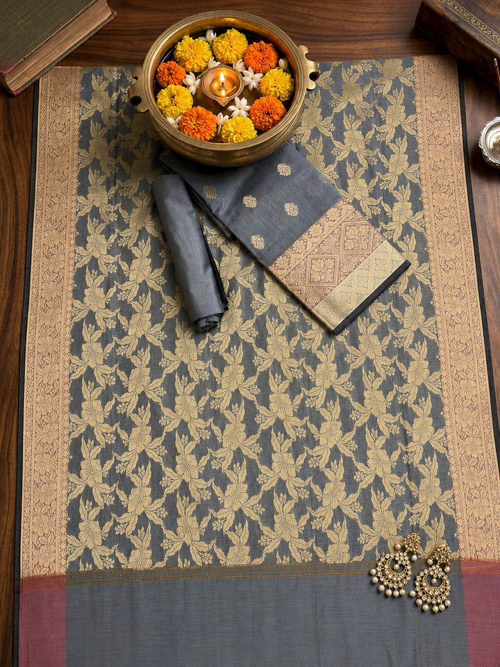 Grey Printed Chanderi Unstitched Dress Material