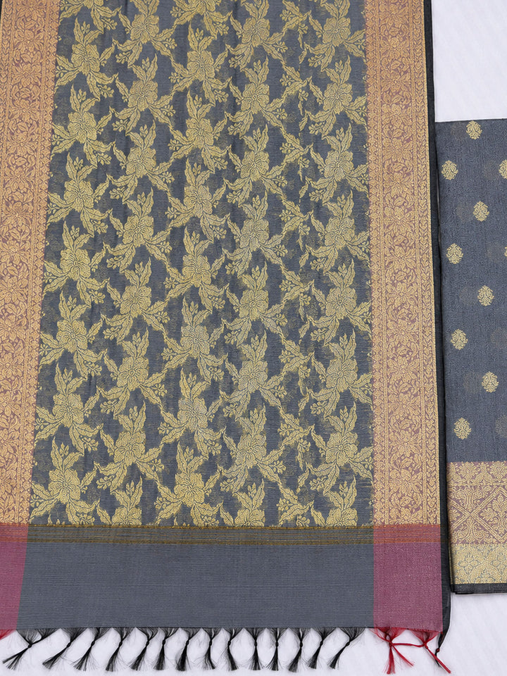 Grey Printed Chanderi Unstitched Dress Material