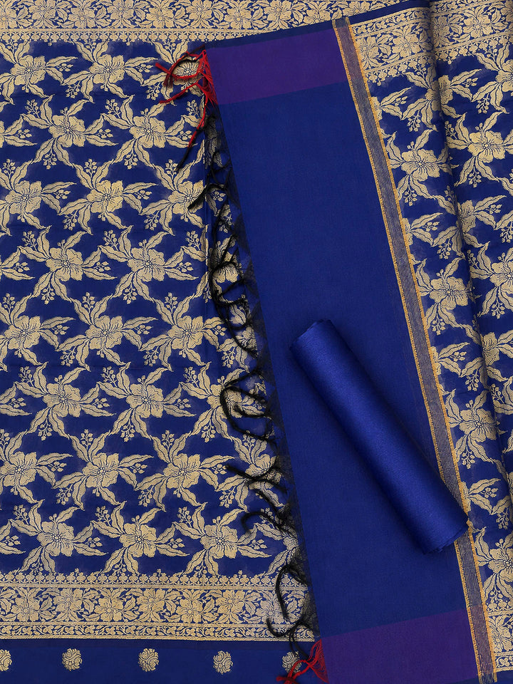 Royal Blue Printed Chanderi Unstitched Dress Material