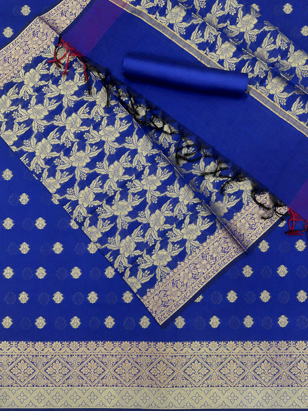 Royal Blue Printed Chanderi Unstitched Dress Material
