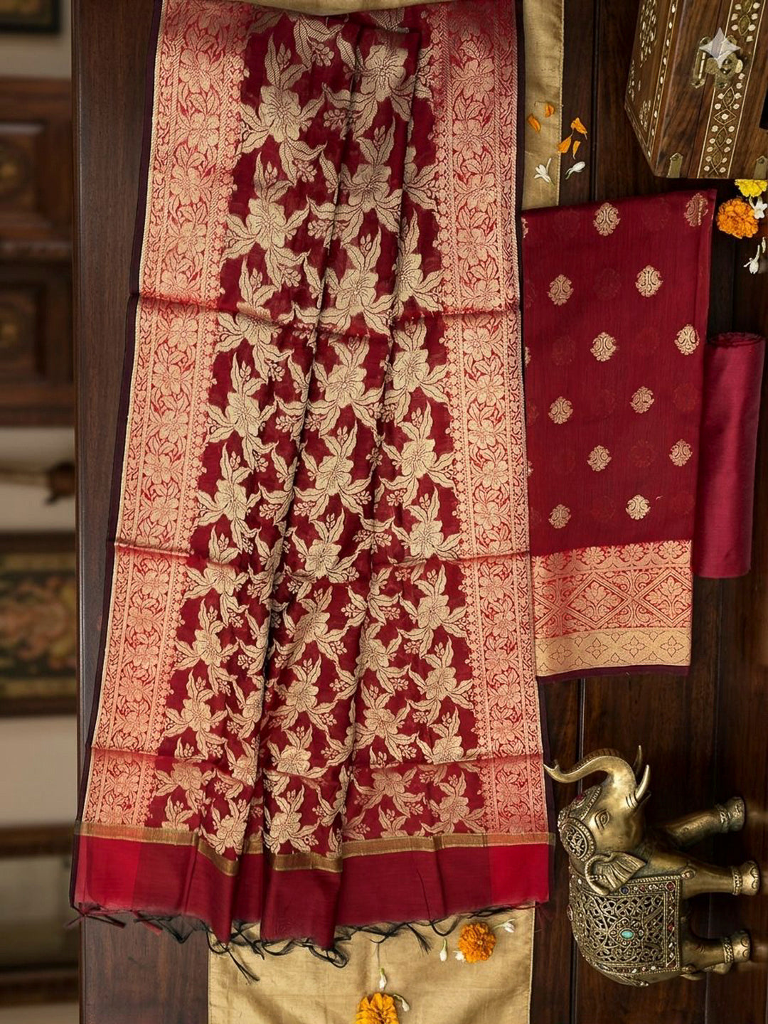Red Printed Chanderi Unstitched Dress Material