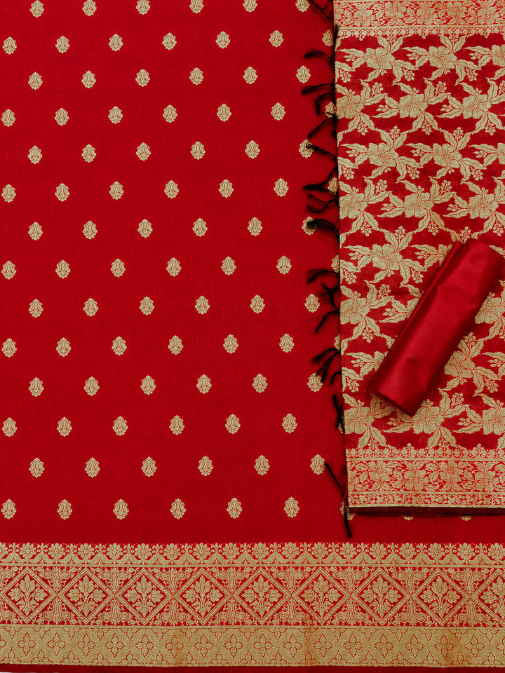 Red Printed Chanderi Unstitched Dress Material