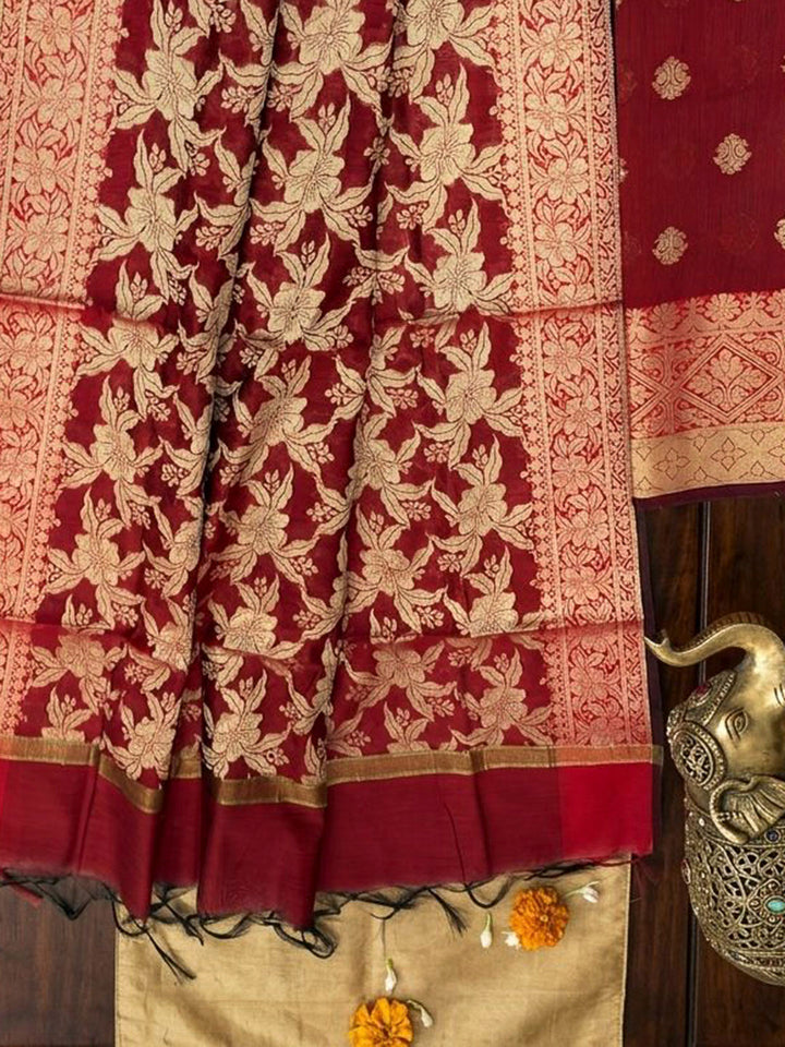 Red Printed Chanderi Unstitched Dress Material