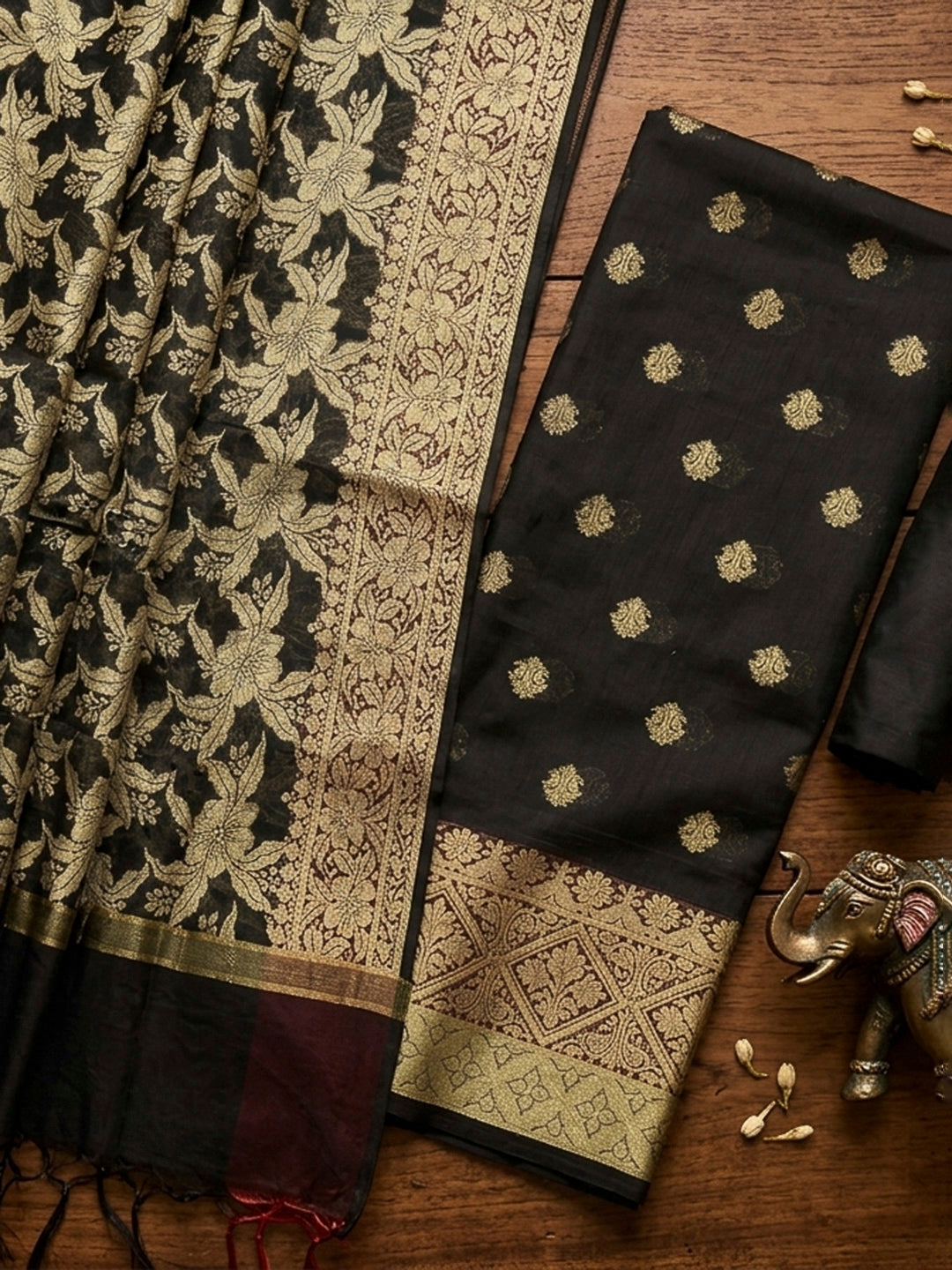 Black Printed Chanderi Unstitched Dress Material