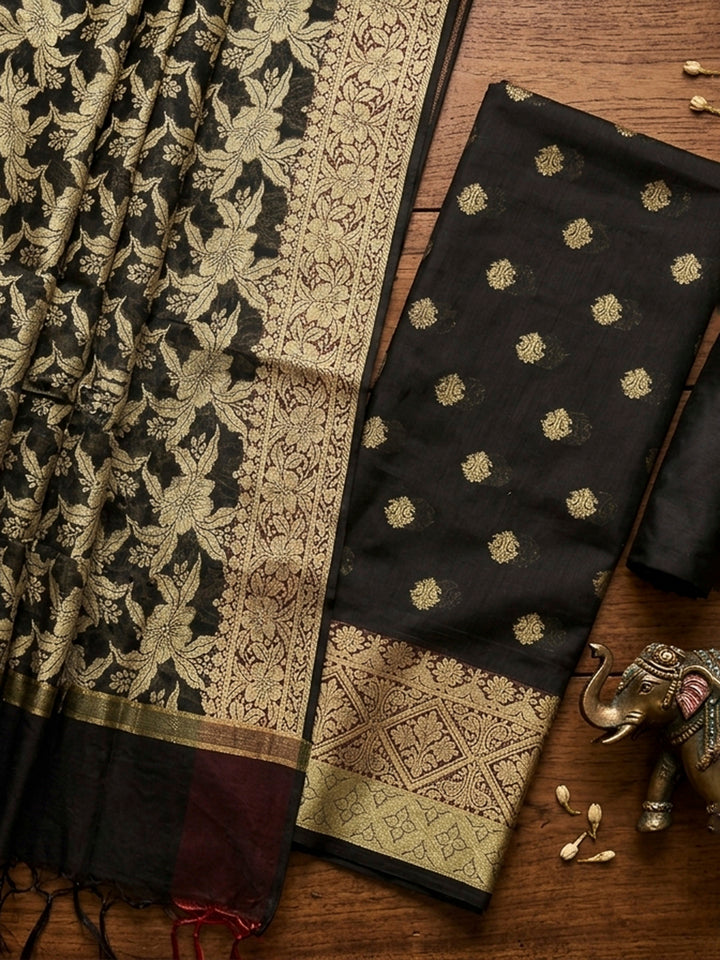 Black Printed Chanderi Unstitched Dress Material