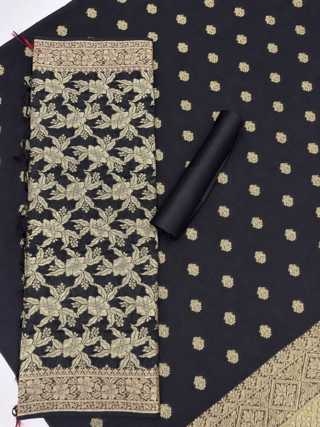 Black Printed Chanderi Unstitched Dress Material